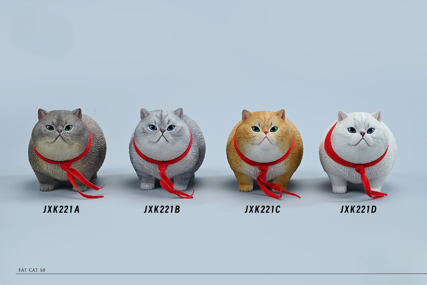  A collection of 1/6 Fat Cat 5.0 Models featuring four charming cat figurines in different colors, each adorned with a red scarf. The figurines showcase detailed expressions and fur textures, perfect for cat lovers and collectors.