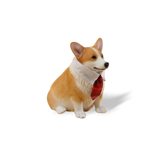 Three adorable 1/6 scale Corgi dog figurines, each with distinct coat colors—one black and white, one tan and white, and one tri-colored—sitting with their collars on an orange background. One Corgi is pictured with accessories including a chain leash and a tie.