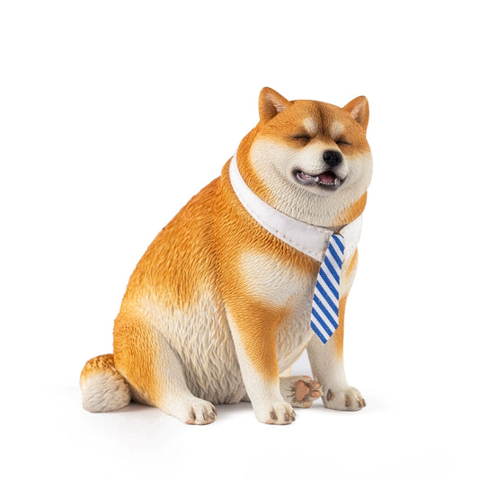 Three 1/6 scale Fat Shiba Lun Dog Models, each wearing a blue and white striped tie, sitting in a row on a green surface with their reflections visible in the water below. These figurines feature realistic details and cheerful expressions, perfect for collectors and dog enthusiasts.