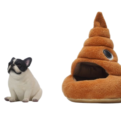 A 1/6 scale French Bulldog 3.0 Simulation Resin Model next to a whimsical, plush poop-shaped pet bed. The French Bulldog figurine, highly detailed with realistic textures, sits attentively, highlighting its lifelike features and charm.