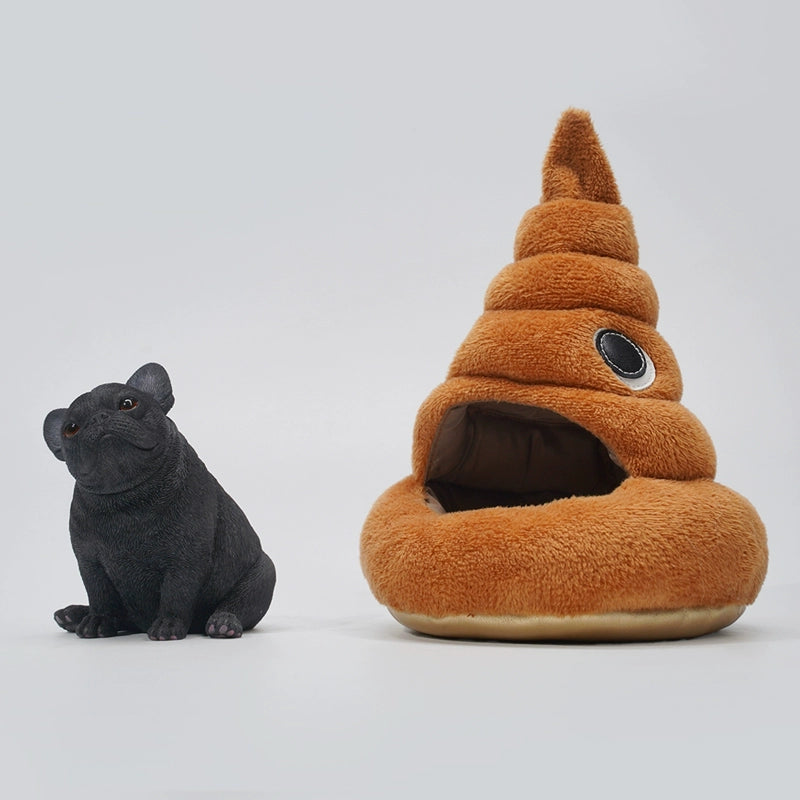 A 1/6 scale French Bulldog 3.0 Simulation Resin Model next to a whimsical, plush poop-shaped pet bed. The French Bulldog figurine, highly detailed with realistic textures, sits attentively, highlighting its lifelike features and charm.