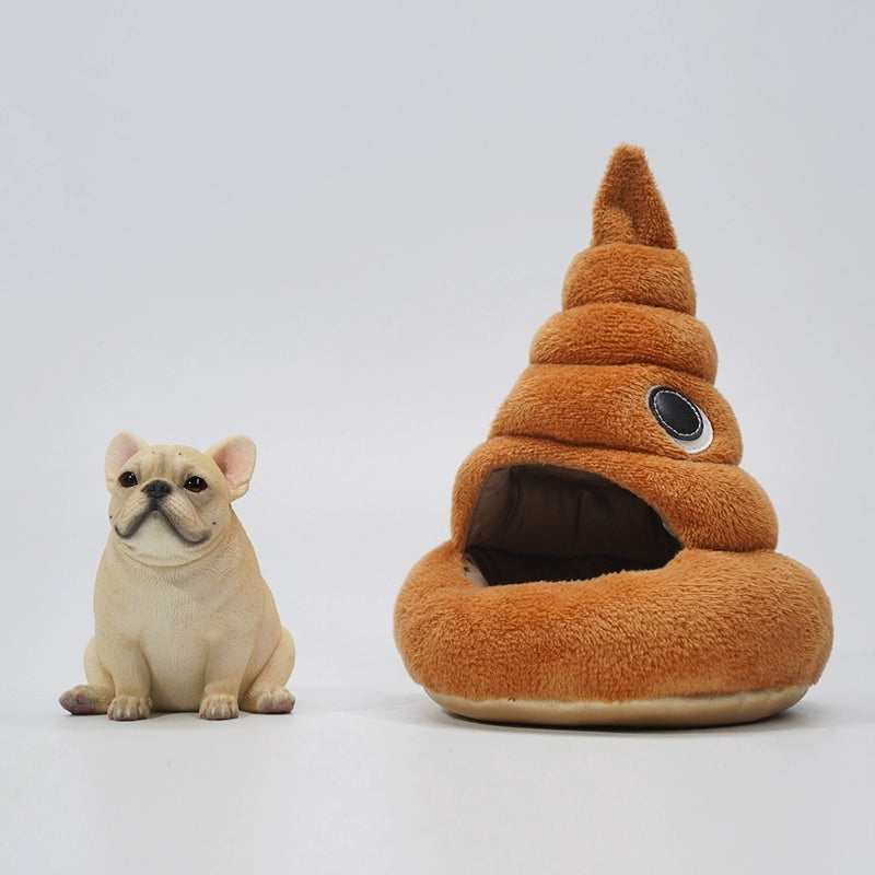 A 1/6 scale French Bulldog 3.0 Simulation Resin Model next to a whimsical, plush poop-shaped pet bed. The French Bulldog figurine, highly detailed with realistic textures, sits attentively, highlighting its lifelike features and charm.