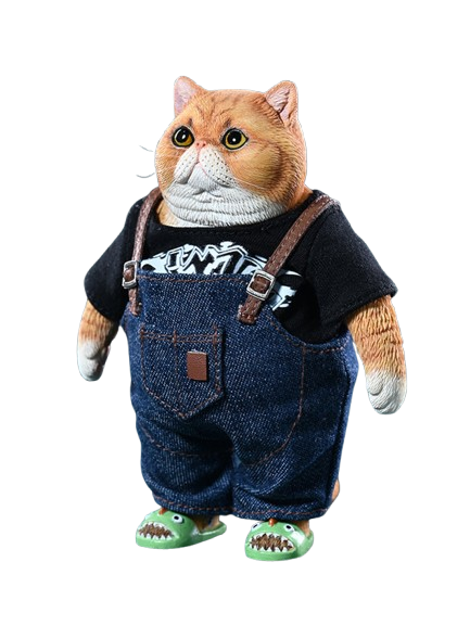 Two 1/6 scale Garfield British Short Cat Resin Models dressed in adorable overalls and t-shirts, standing and facing each other on a dark green background. The figurines, one grey and one orange, capture the playful and whimsical nature of the characters.