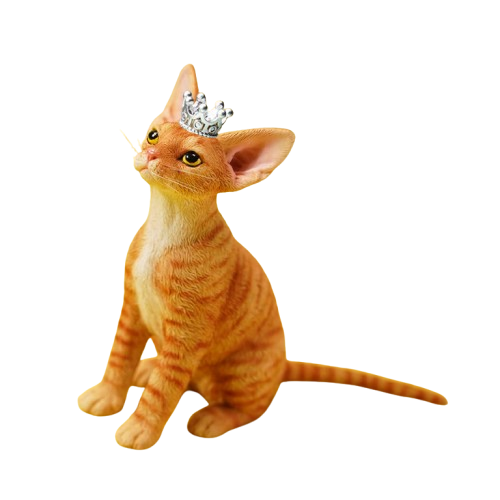 A realistic 1/6 scale German Curly Princess Cat model featuring an orange tabby cat with a crown, elegantly posed among miniature blocks. This figurine captures the regal essence of the cat, making it a perfect collectible for cat enthusiasts and home decor.