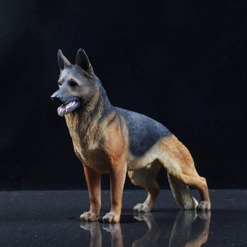 Three highly detailed 1/6 scale German Shepherd dog models, featuring lifelike depictions of black, sable, and tan German Shepherds standing attentively. Perfect for collectors and dog enthusiasts.