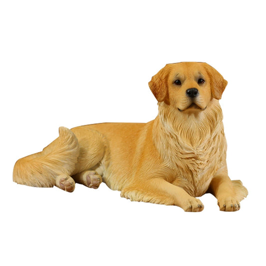 Two 1/6 scale Golden Retriever resin models, depicting one dog sitting and the other lying down. The figurines showcase lifelike details with expressive faces, fluffy golden fur, and realistic poses, perfect for collectors and dog lovers.