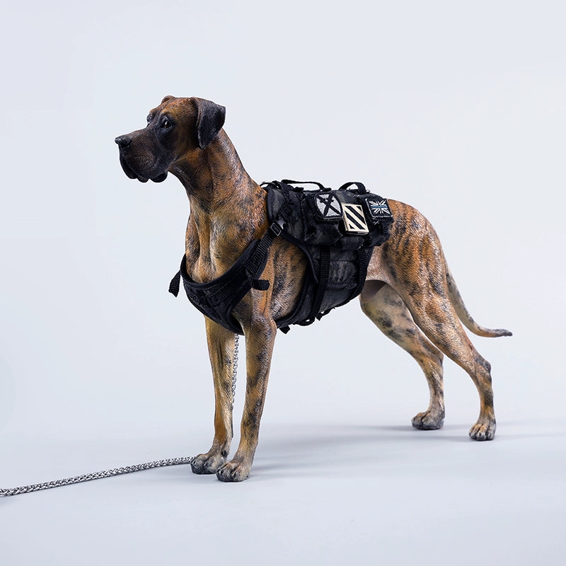 A highly detailed model of a Great Dane dog in four different coat colors: fawn, black, brindle, and gray. The model showcases the Great Dane's majestic stature and muscular build. The second image shows a brindle Great Dane model equipped with a tactical harness and leash, highlighting the dog's strength and readiness for action. This realistic Great Dane figurine is perfect for collectors and dog enthusiasts.