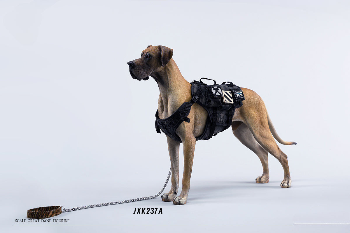 A highly detailed model of a Great Dane dog in four different coat colors: fawn, black, brindle, and gray. The model showcases the Great Dane's majestic stature and muscular build. The second image shows a brindle Great Dane model equipped with a tactical harness and leash, highlighting the dog's strength and readiness for action. This realistic Great Dane figurine is perfect for collectors and dog enthusiasts.