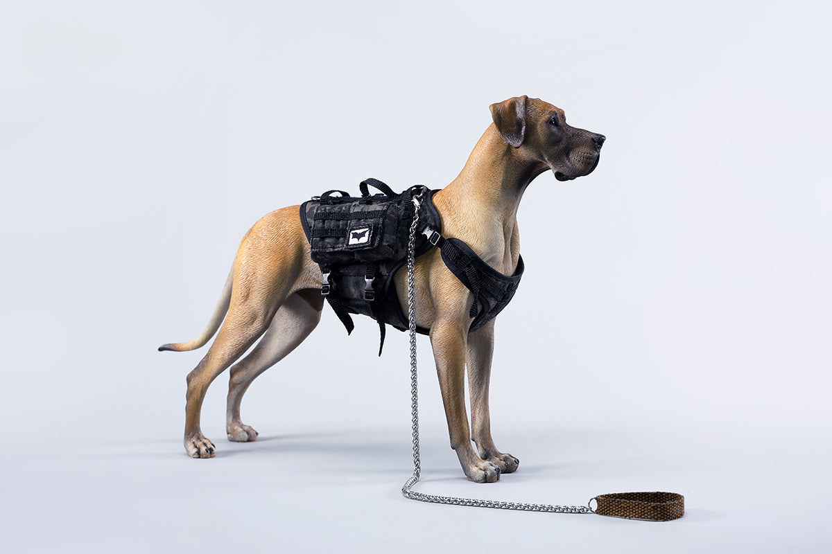 A highly detailed model of a Great Dane dog in four different coat colors: fawn, black, brindle, and gray. The model showcases the Great Dane's majestic stature and muscular build. The second image shows a brindle Great Dane model equipped with a tactical harness and leash, highlighting the dog's strength and readiness for action. This realistic Great Dane figurine is perfect for collectors and dog enthusiasts.