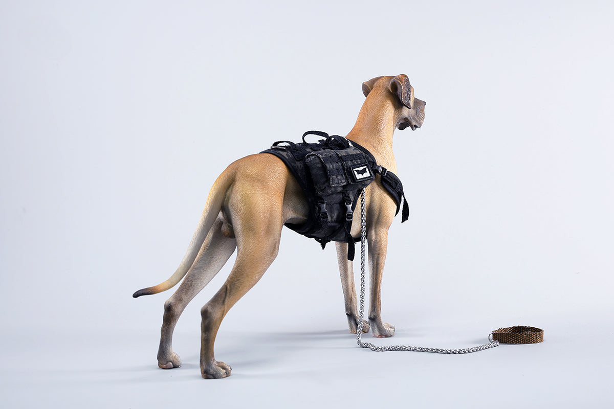 A highly detailed model of a Great Dane dog in four different coat colors: fawn, black, brindle, and gray. The model showcases the Great Dane's majestic stature and muscular build. The second image shows a brindle Great Dane model equipped with a tactical harness and leash, highlighting the dog's strength and readiness for action. This realistic Great Dane figurine is perfect for collectors and dog enthusiasts.