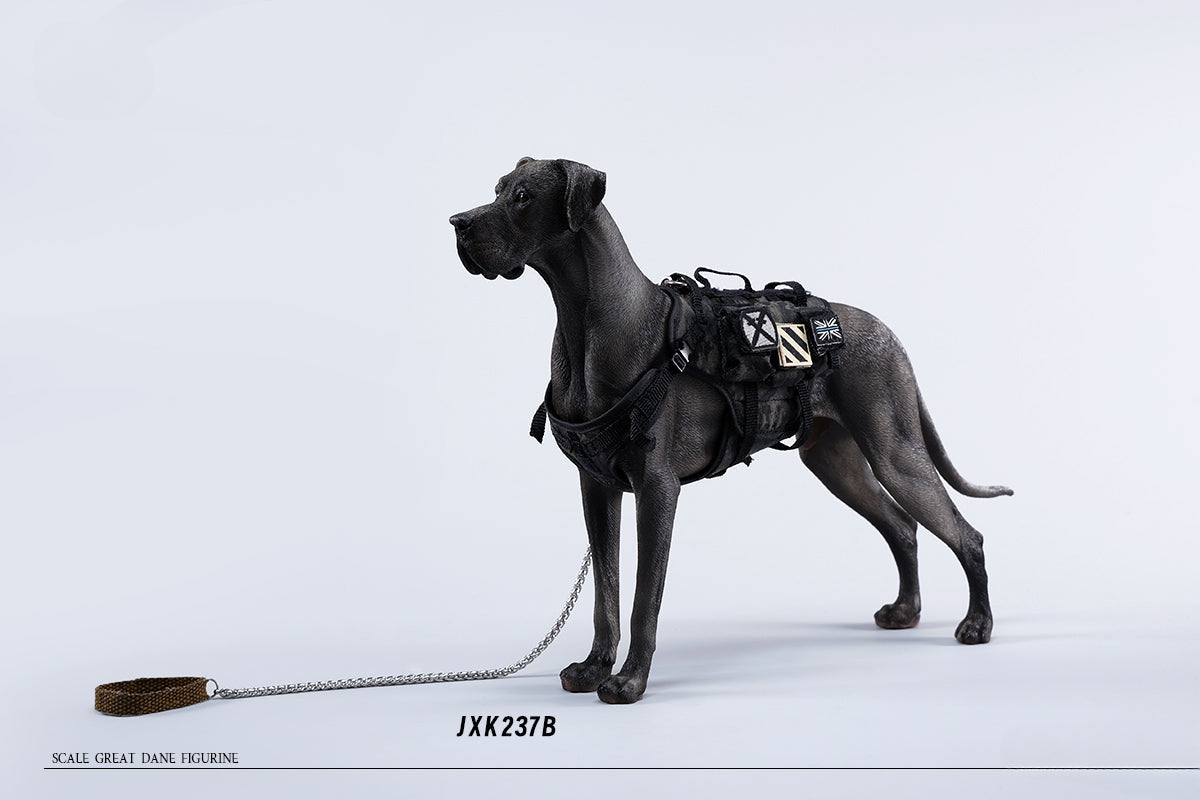 A highly detailed model of a Great Dane dog in four different coat colors: fawn, black, brindle, and gray. The model showcases the Great Dane's majestic stature and muscular build. The second image shows a brindle Great Dane model equipped with a tactical harness and leash, highlighting the dog's strength and readiness for action. This realistic Great Dane figurine is perfect for collectors and dog enthusiasts.