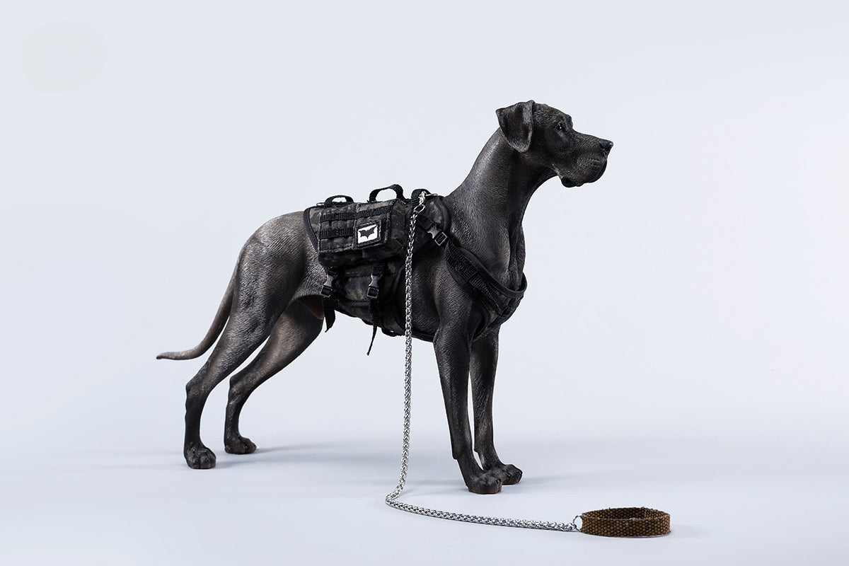 A highly detailed model of a Great Dane dog in four different coat colors: fawn, black, brindle, and gray. The model showcases the Great Dane's majestic stature and muscular build. The second image shows a brindle Great Dane model equipped with a tactical harness and leash, highlighting the dog's strength and readiness for action. This realistic Great Dane figurine is perfect for collectors and dog enthusiasts.