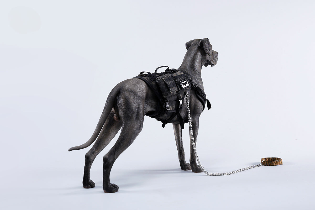 A highly detailed model of a Great Dane dog in four different coat colors: fawn, black, brindle, and gray. The model showcases the Great Dane's majestic stature and muscular build. The second image shows a brindle Great Dane model equipped with a tactical harness and leash, highlighting the dog's strength and readiness for action. This realistic Great Dane figurine is perfect for collectors and dog enthusiasts.