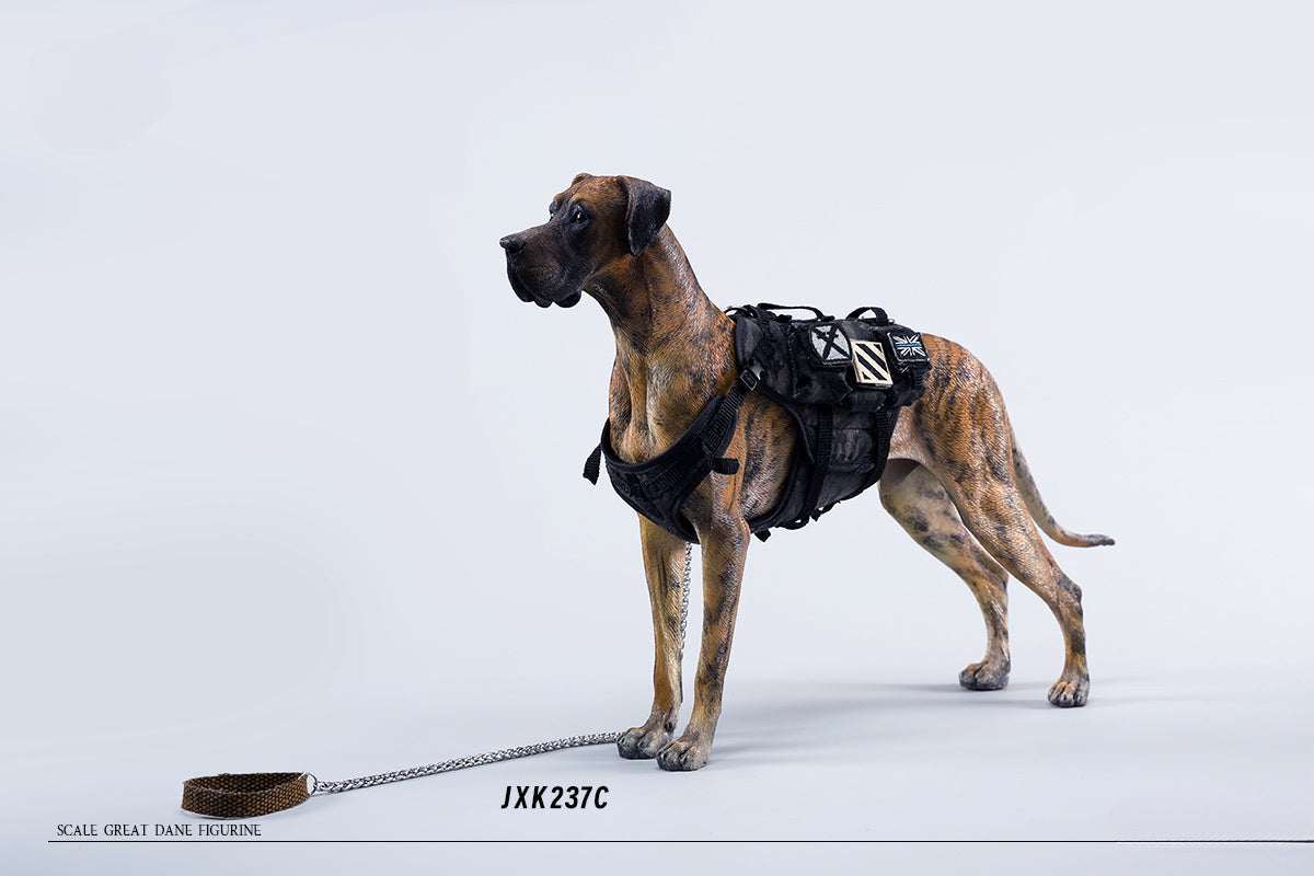 A highly detailed model of a Great Dane dog in four different coat colors: fawn, black, brindle, and gray. The model showcases the Great Dane's majestic stature and muscular build. The second image shows a brindle Great Dane model equipped with a tactical harness and leash, highlighting the dog's strength and readiness for action. This realistic Great Dane figurine is perfect for collectors and dog enthusiasts.