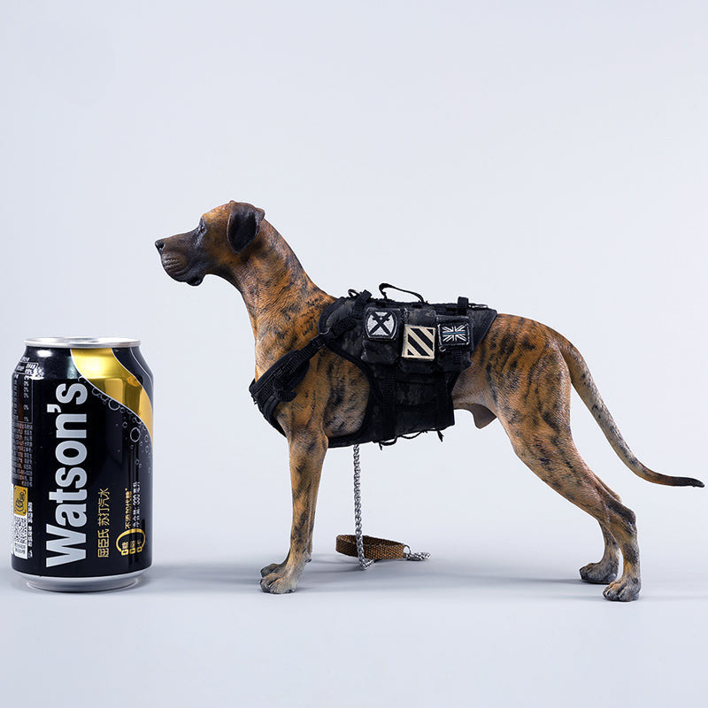 A highly detailed model of a Great Dane dog in four different coat colors: fawn, black, brindle, and gray. The model showcases the Great Dane's majestic stature and muscular build. The second image shows a brindle Great Dane model equipped with a tactical harness and leash, highlighting the dog's strength and readiness for action. This realistic Great Dane figurine is perfect for collectors and dog enthusiasts.