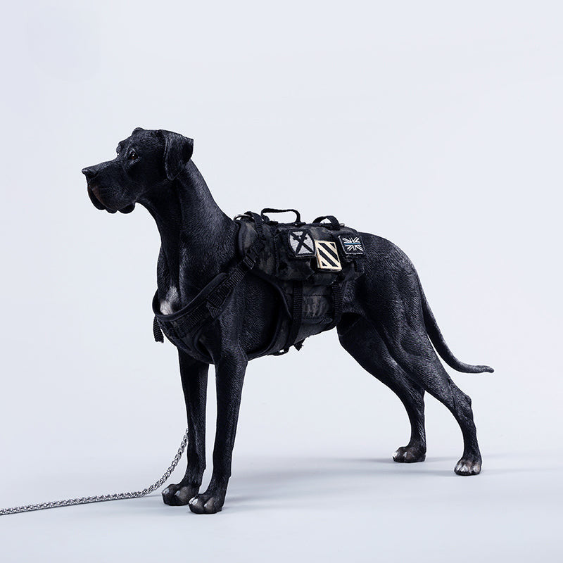 A highly detailed model of a Great Dane dog in four different coat colors: fawn, black, brindle, and gray. The model showcases the Great Dane's majestic stature and muscular build. The second image shows a brindle Great Dane model equipped with a tactical harness and leash, highlighting the dog's strength and readiness for action. This realistic Great Dane figurine is perfect for collectors and dog enthusiasts.