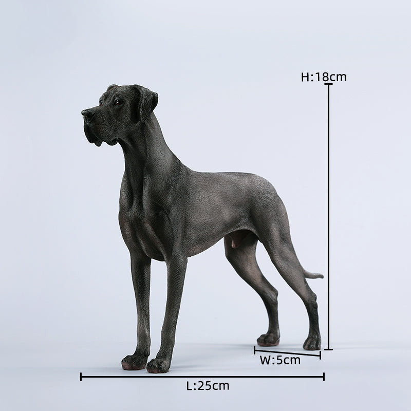 A highly detailed model of a Great Dane dog in four different coat colors: fawn, black, brindle, and gray. The model showcases the Great Dane's majestic stature and muscular build. The second image shows a brindle Great Dane model equipped with a tactical harness and leash, highlighting the dog's strength and readiness for action. This realistic Great Dane figurine is perfect for collectors and dog enthusiasts.