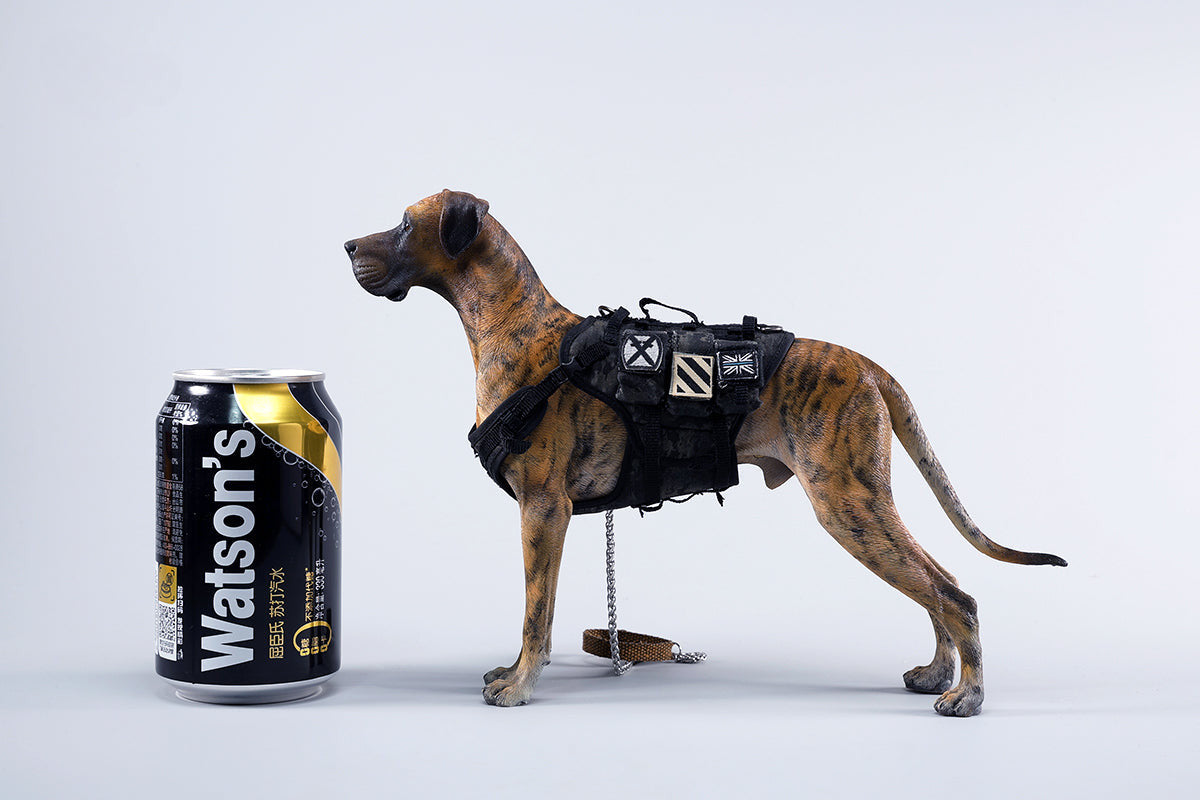 A highly detailed model of a Great Dane dog in four different coat colors: fawn, black, brindle, and gray. The model showcases the Great Dane's majestic stature and muscular build. The second image shows a brindle Great Dane model equipped with a tactical harness and leash, highlighting the dog's strength and readiness for action. This realistic Great Dane figurine is perfect for collectors and dog enthusiasts.