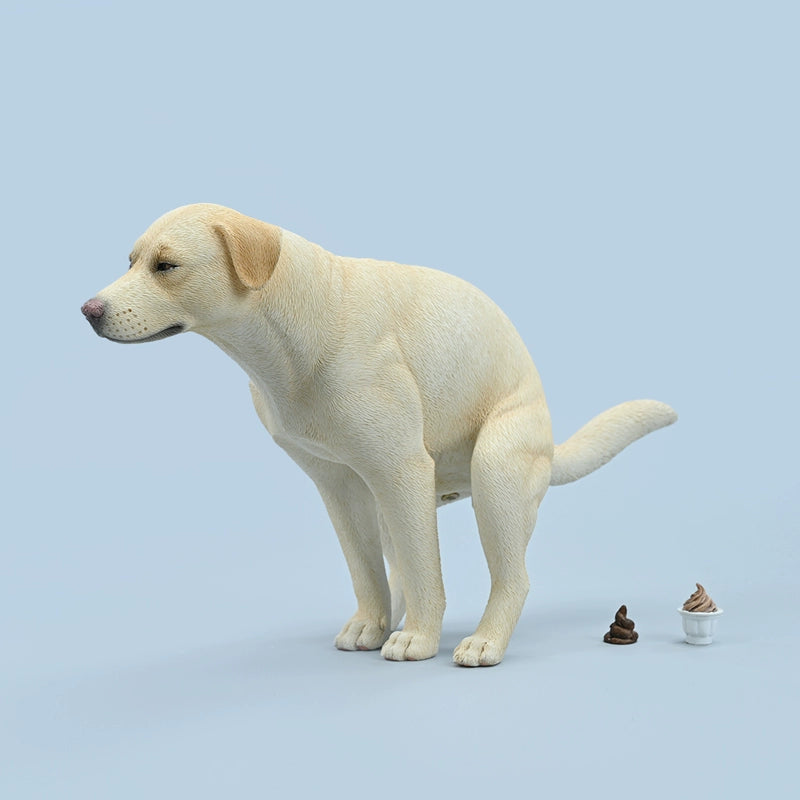 A set of three Labrador dog models in various colors - white, black, and yellow - all in a half-squat position, capturing a realistic moment. The details are highly lifelike, showcasing the dogs' textures and expressions, ideal for collectors.