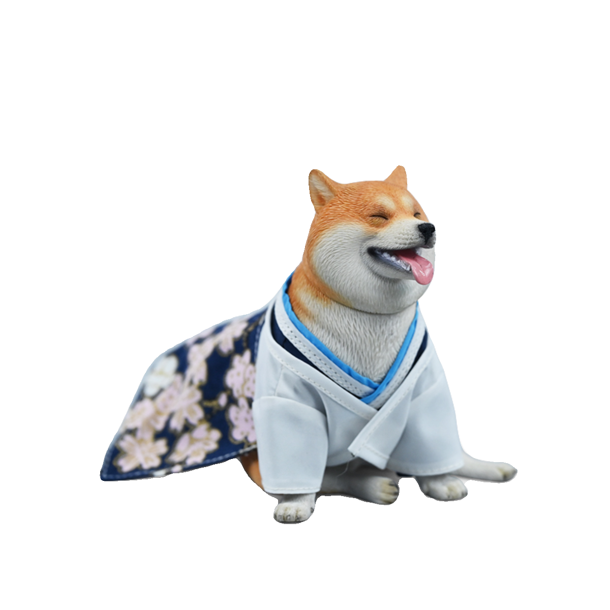 A collection of three 1/6 scale Japanese style Shiba Inu models, each wearing traditional clothing. The figurines showcase the distinct features of the Shiba Inu breed, with variations in fur color including orange, white, and black. The models are dressed in white robes with a blue trim and a floral patterned cloth draped over their backs, highlighting the blend of traditional and modern elements. Perfect for collectors and dog enthusiasts, these detailed resin models capture the playful and regal nature o