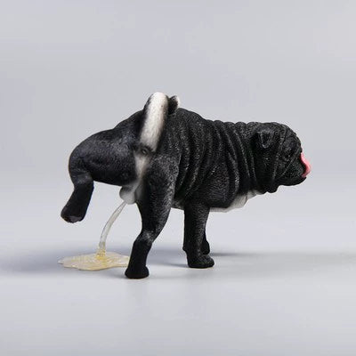 A set of 1/6 scale leg-raising Pug dog models in three different colors: fawn, black, and light tan. The figurines capture the playful and realistic posture of a pug lifting its leg. One model is placed next to a red fire hydrant on a textured base.