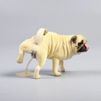 A set of 1/6 scale leg-raising Pug dog models in three different colors: fawn, black, and light tan. The figurines capture the playful and realistic posture of a pug lifting its leg. One model is placed next to a red fire hydrant on a textured base.