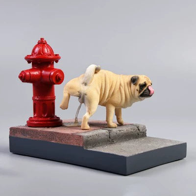 A set of 1/6 scale leg-raising Pug dog models in three different colors: fawn, black, and light tan. The figurines capture the playful and realistic posture of a pug lifting its leg. One model is placed next to a red fire hydrant on a textured base.