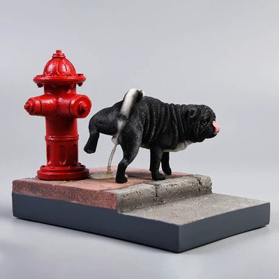 A set of 1/6 scale leg-raising Pug dog models in three different colors: fawn, black, and light tan. The figurines capture the playful and realistic posture of a pug lifting its leg. One model is placed next to a red fire hydrant on a textured base.
