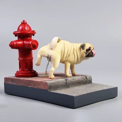 A set of 1/6 scale leg-raising Pug dog models in three different colors: fawn, black, and light tan. The figurines capture the playful and realistic posture of a pug lifting its leg. One model is placed next to a red fire hydrant on a textured base.