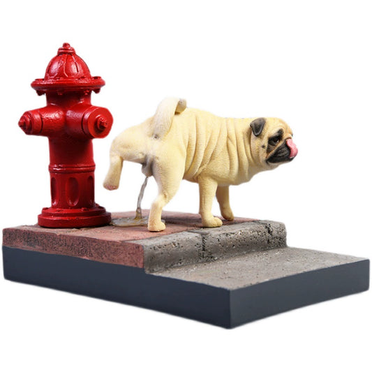 A set of 1/6 scale leg-raising Pug dog models in three different colors: fawn, black, and light tan. The figurines capture the playful and realistic posture of a pug lifting its leg. One model is placed next to a red fire hydrant on a textured base.