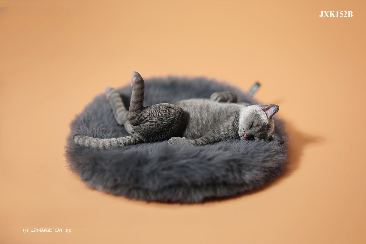 A set of 1/6 scale Lethargic Cat 5.0 models showing various cats in different relaxed, sleeping positions. Each cat is detailed with realistic fur textures and unique coat colors, resting on a grey cushion or a dark grey couch, perfectly capturing the essence of a lazy cat's nap.