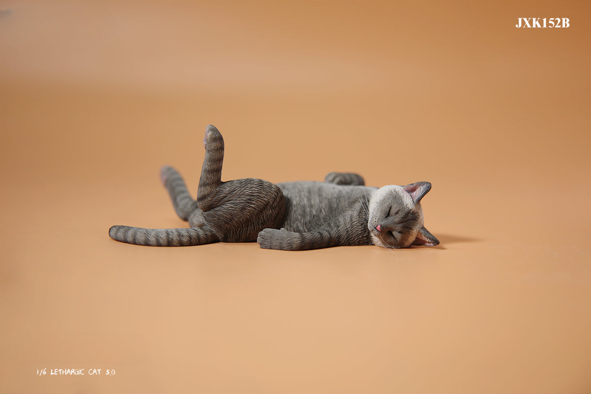 A set of 1/6 scale Lethargic Cat 5.0 models showing various cats in different relaxed, sleeping positions. Each cat is detailed with realistic fur textures and unique coat colors, resting on a grey cushion or a dark grey couch, perfectly capturing the essence of a lazy cat's nap.