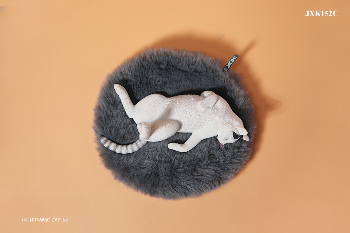 A set of 1/6 scale Lethargic Cat 5.0 models showing various cats in different relaxed, sleeping positions. Each cat is detailed with realistic fur textures and unique coat colors, resting on a grey cushion or a dark grey couch, perfectly capturing the essence of a lazy cat's nap.