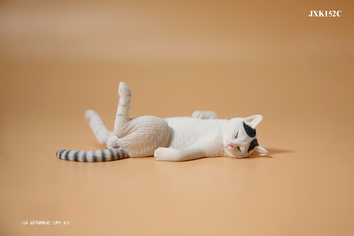 A set of 1/6 scale Lethargic Cat 5.0 models showing various cats in different relaxed, sleeping positions. Each cat is detailed with realistic fur textures and unique coat colors, resting on a grey cushion or a dark grey couch, perfectly capturing the essence of a lazy cat's nap.