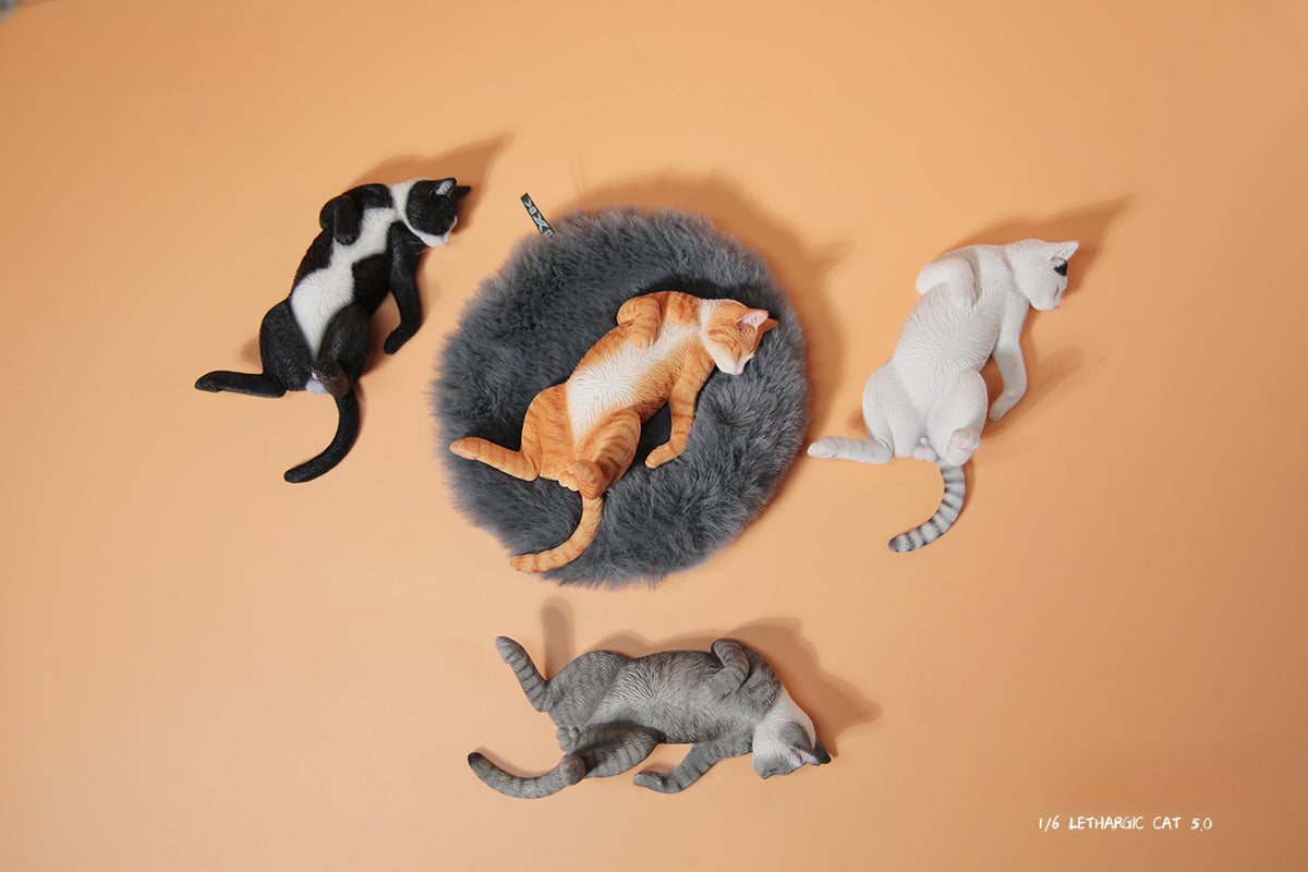 A set of 1/6 scale Lethargic Cat 5.0 models showing various cats in different relaxed, sleeping positions. Each cat is detailed with realistic fur textures and unique coat colors, resting on a grey cushion or a dark grey couch, perfectly capturing the essence of a lazy cat's nap.