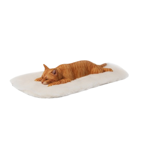 A detailed 1/6 scale resin model of a lephargic cat lying flat on its stomach. The cat, with realistic fur texture and relaxed pose, rests on a soft white pad. The model captures the essence of a sleepy, content cat.