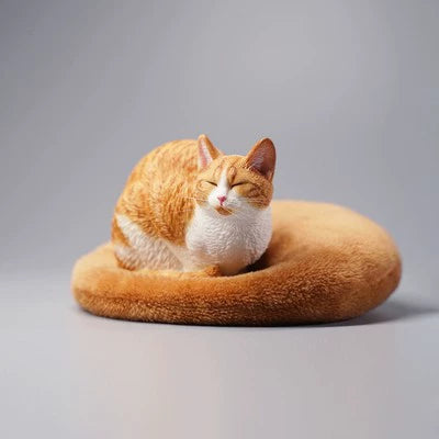 A group of four realistic 1/6 scale models of cats in various resting poses. Each cat model, including a white, black, grey, and orange cat, is crafted with intricate details, capturing the serene and lifelike appearance of a lethargic cat.