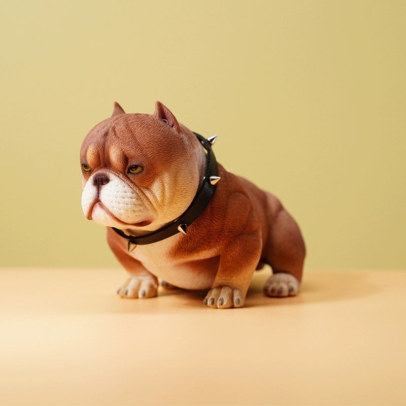 A set of six 1/6 scale Mini Bully Dog Resin Models featuring different colors and unique expressions, showcased on a light blue background. Each figurine has distinct features and a tough appearance.