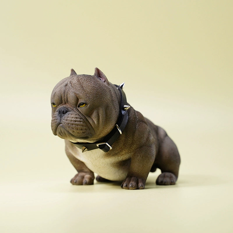 A set of six 1/6 scale Mini Bully Dog Resin Models featuring different colors and unique expressions, showcased on a light blue background. Each figurine has distinct features and a tough appearance.