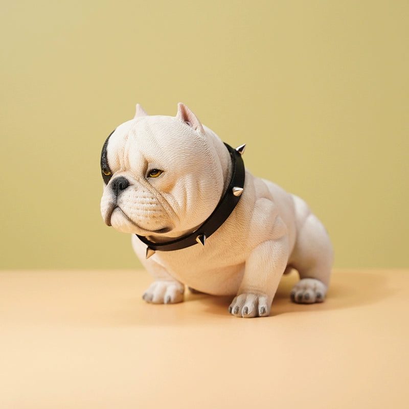 A set of six 1/6 scale Mini Bully Dog Resin Models featuring different colors and unique expressions, showcased on a light blue background. Each figurine has distinct features and a tough appearance.
