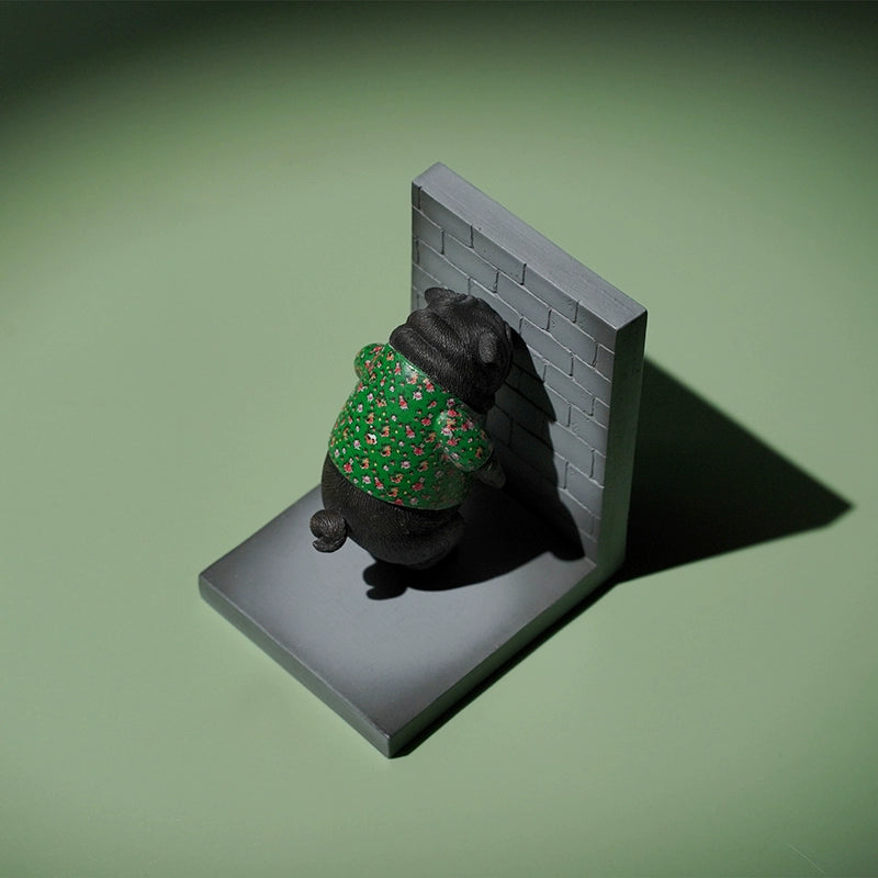  Image Rename: Northeast_Pug_Dog_Model.png  Alt Text: A collection of four 1/6 scale Northeast Pug Dog models, each pug wearing a festive red or green sweater with a floral pattern. The pugs are posed standing on their hind legs against a green background. One pug model is shown separately, leaning against a brick wall.