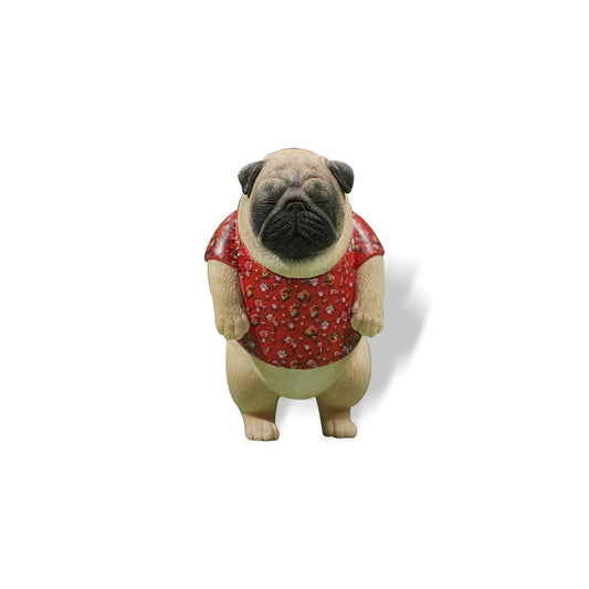  Image Rename: Northeast_Pug_Dog_Model.png  Alt Text: A collection of four 1/6 scale Northeast Pug Dog models, each pug wearing a festive red or green sweater with a floral pattern. The pugs are posed standing on their hind legs against a green background. One pug model is shown separately, leaning against a brick wall.