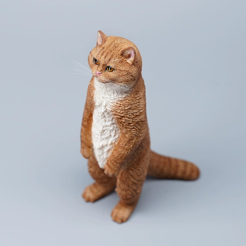 A collection of six detailed figurines of British Shorthair cats standing upright, showcasing a range of coat colors including grey, orange tabby, and black. The cats have expressive faces, with some sporting unique features like a white patch or striped fur. The figurines capture a playful and curious stance, each cat displaying a distinct personality.