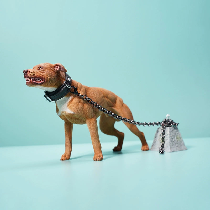 "1/6 scale Pit Bull simulation animal models displayed in various poses, including a chained brown Pit Bull with a menacing snarl. These realistic figurines feature detailed expressions and muscular builds, capturing the powerful and protective nature of the breed. A perfect addition to any collector's showcase."