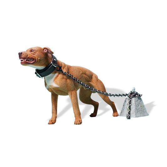 "1/6 scale Pit Bull simulation animal models displayed in various poses, including a chained brown Pit Bull with a menacing snarl. These realistic figurines feature detailed expressions and muscular builds, capturing the powerful and protective nature of the breed. A perfect addition to any collector's showcase."