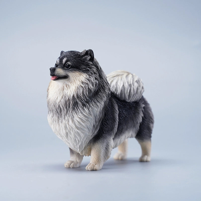 A collection of five 1/6 scale Pomeranian dog figurines, each showcasing different coat colors, including white, gray, tan, and orange. These lifelike models feature detailed fur textures and happy expressions, capturing the playful and charming nature of Pomeranians.