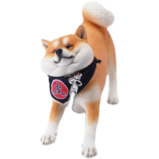 A collection of six Shiba Inu dog models in various poses, each wearing a black bandana with a red symbol. The detailed craftsmanship captures the playful and rebellious expressions of the dogs, set against a white background.