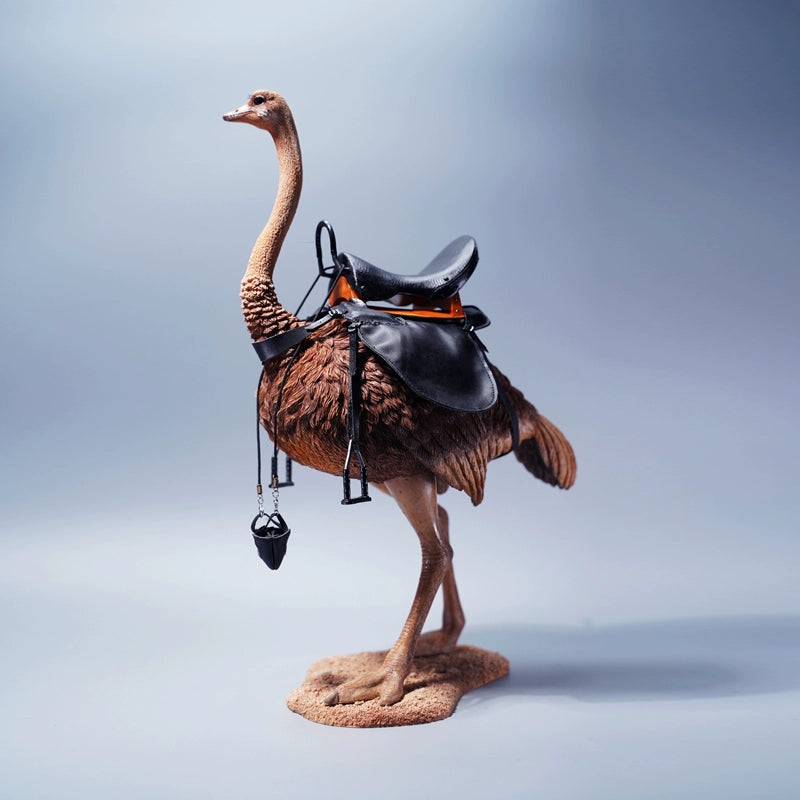 A beautifully detailed 1/6 scale ostrich model made from resin with realistic features and a platform and saddle included. Ideal for display or as a collector's item.