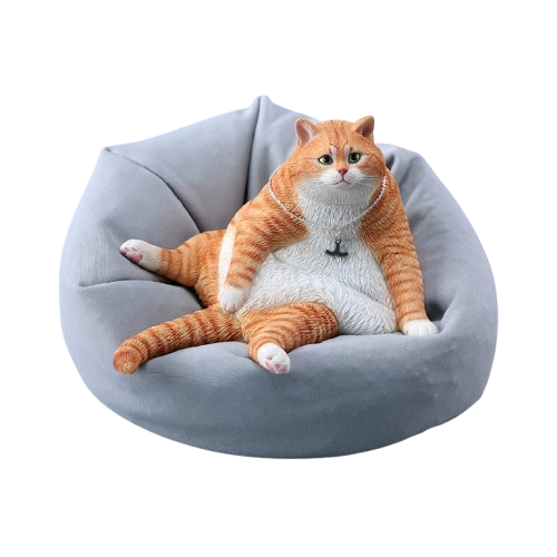 A detailed 1/6 scale model of a plump cat, available in various colors. The cat is depicted in a relaxed, seated position, showcasing lifelike fur textures and an adorable expression. This collectible figurine captures the essence of a lazy, content cat perfectly, making it a charming addition to any collection or home decor.