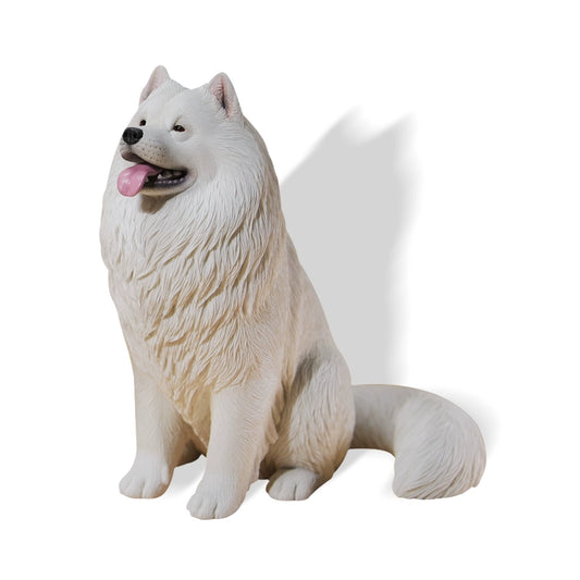 "Two 1/6 scale Samoyed dog models, one standing and the other sitting with a yellow hat, both showcasing their fluffy white coats and joyful expressions, set against a warm beige background."